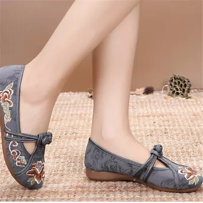 Lady Vintage Style Embroidery Floral Shoes Ballet Loafer Comfy Canvas Flats Slip • $45.36