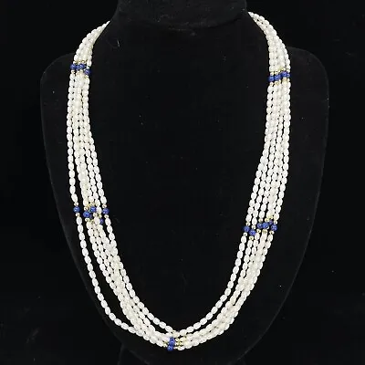 Vintage Multi 6 Strand Genuine Rice Pearl Lapis Lazuli Bead Necklace 24” EUC • $27.99