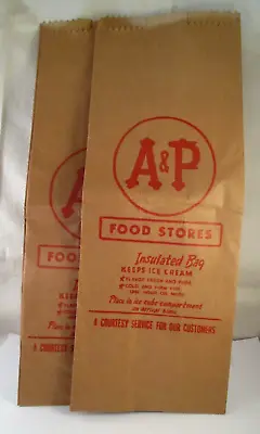 (2) Vintage A&P FOOD STORES INSULATED BROWN BAGS ICE CREAM ETC. • $13.99