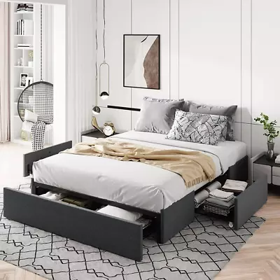 Queen Size Platform Bed Frame 3 Storage Drawers Fabric Upholstered Dark Grey • £190.32