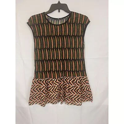 NWOT ZARA Womens Top S Black Green Orange Contrast Print  • $8.21