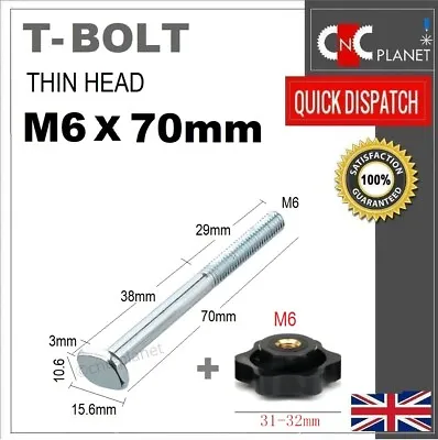 T-Slot M6 X 70mm T Bolt Screw & Knob Nut Thin Head Woodworking Non Standard  • £4.50