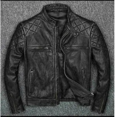 Men Leather Jacket Cafe Racer Motorcycle Biker Black Distressed Genuine Leather • $103.49