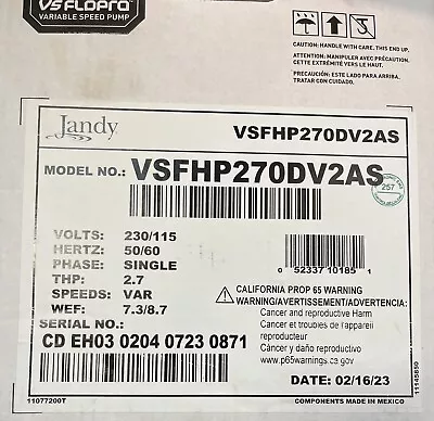 Jandy PlusHP 2.7HP 115/230V Variable Speed Pool Pump VSFHP270DV2AS IN THE BOX • $799.99