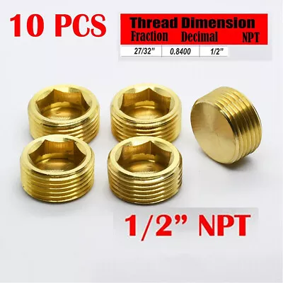 10 Brass 1/2  Hex Pipe Plugs Countersunk Style Male NPT Pipe End Fitting Cap USA • $14.48