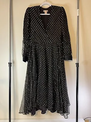 Vintage Halston III Black Mesh Tulle Gold Lame Polka Dot Dress NWTs Size 10 • $148.50