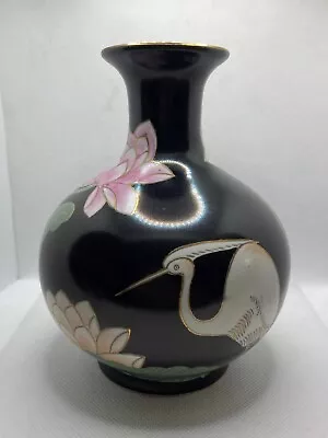 Vintage Made In Macau Black Vase W Herons & Pink Lotus Blossoms & Flowers READ • $20