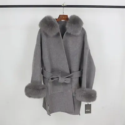 Real Fur Coat Jacket Natural Fur Collar Hood Cashmere Woolen  Outerwear • $391.17