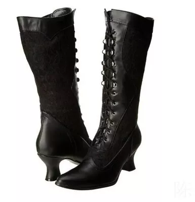 Ladies Steampunk Cowboy Boots Pointed Toe Mid Heels Lace Wedding Mid Calf Boots • £37.52