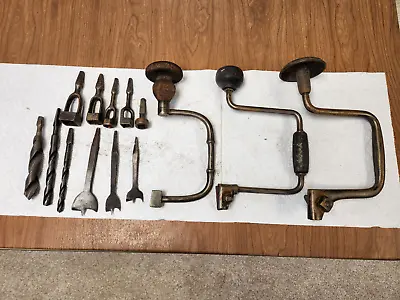 Lot Of 3 Vintage Hand Drill Brace With 11 Vintage Bits • $29.95