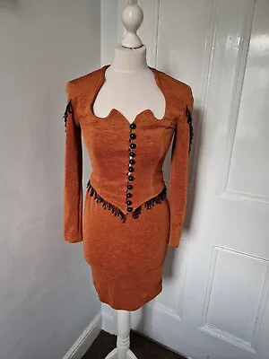 £25 • Buy Felice Vintage 70s 60s Orange Tassled Two Piece Skirt Blouse 10 8
