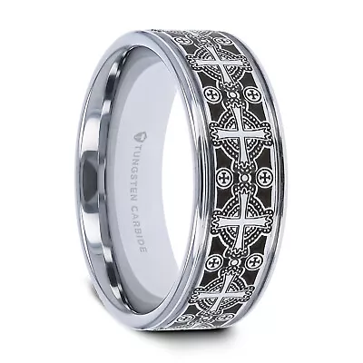 DEACON Flat Grooved Tungsten Ring With Engraved Intricate Cross Pattern - 8mm • $179.99