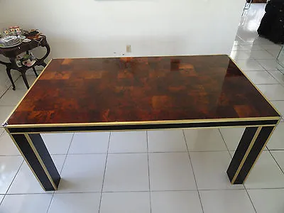 EXTRAVAGANT CHIC 70s BRASS & CHROME WILLY RIZZO OLIVE WOOD BURL DINING TABLE • $2400