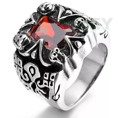 Jewelry Mens Casting Stainelss Steel Ring Skull Ruby Red Garnet CZ Stone Biker  • $14.40