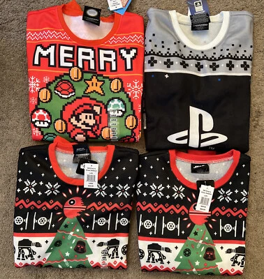 $59.95 • Buy 4 PlayStation, Mario Bros., Star Wars, Christmas Sweater LOT Mens Pullover NEW