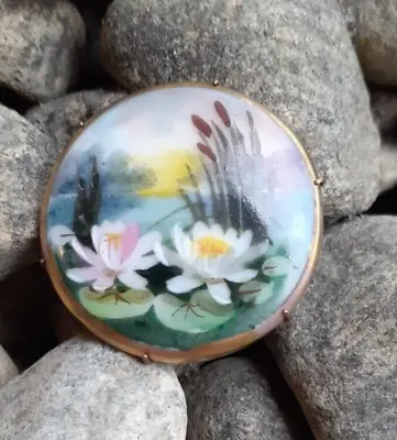 Vintage C.1920 - 30 Porcelain Hand Painted Brooch. Brass Setting. • $45