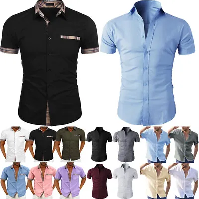 Men's Linen Cotton Shirts Short Sleeve Tops Beach Formal Blouse Tee Top Casual + • $11.56