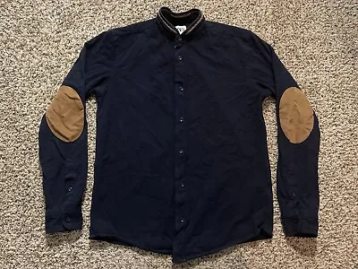 Zara Shirt Mens Small Stand Band Collar Button Up Elbow Patch • $19.99