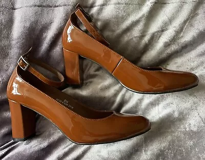 Ladies M&S Collection Insolia Rust Patent Leather Block Heel Shoes Size 5.5 Wide • £10