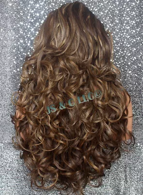 Human Hair Blend Wig Heat OK Curly Long Brown Mix Bangs Layered 8-27-613 WBBT • $89.94
