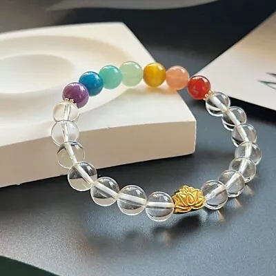 Women 7 Chakra Yoga 18K Gold Lotus Natural Crystal 8mm Beads Elastic Bracelet • $18.04