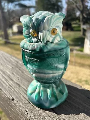 Beautiful Vintage Imperial Teal Green Slag End Of Day Glass Owl Covered Jar Dish • $49