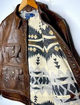 $1978 • Buy Polo Ralph Lauren Leather Trucker Jacket Western Rodeo RRL Navajo Blanket Ranch