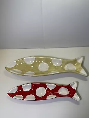 Decorative Fish Plates Set Of 2 Red And Yello Polka Dot • $4