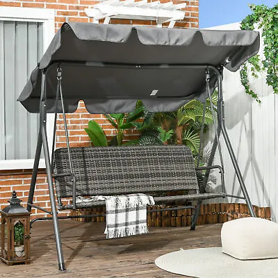 3-person Outdoor Rattan Swing Chair Hanging Bench W/ Stand & Adjustable Canopy • £125.99