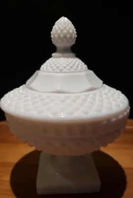 Vintage Small Round Covered Candy Dish Milk Glass Dimpled Diamond Pedestal • $23.99