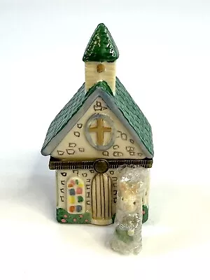 Porcelain Hinged Trinket Box Easter Village Church With Bunny Rabbit • $13.99