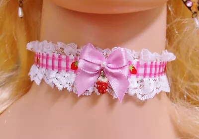 Any Size Choker Collar Lace Pink Strawberry DDLG Sissy Kawaii Kitten Lolita • $24.95