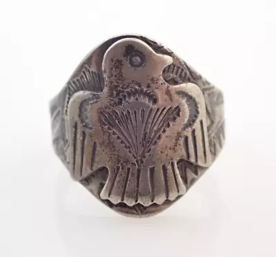 Vintage Navajo Fred Harvey Era Thunderbird Stamped Sterling Band Ring Sz 10.5 • $249.95