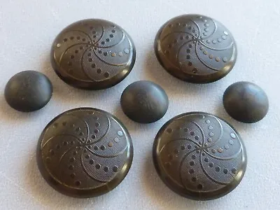 7 Antique Dyed Black Vegetable Ivory Buttons 7/16  7/8  Ridged Embossed Designs • $10.99