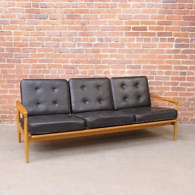 Erik Wortz Mid Century Modern Danish Oak Black Leather Sofa Vintage • $2400