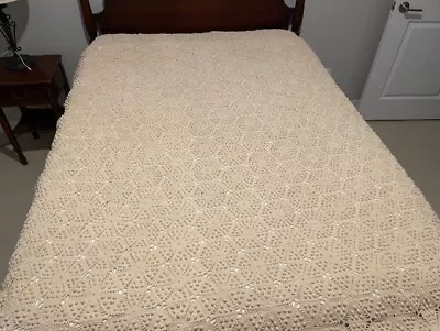 Vintage Hand Crochet Coverlet Bedspread In Popcorn Stitch--77  X 75  - Ecru • $5