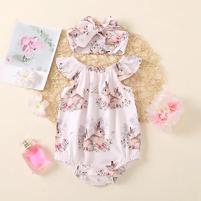 Infant Baby Girls Easter Day Bunny Printed Bodysuit Romper Headbands Sets • £7.99