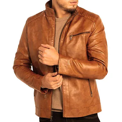 Men's Biker Cafe Racer Motorcycle Distressed Tan Brown Vintage Leather Jacket • $117.99