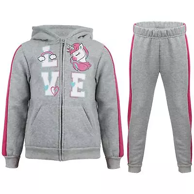 Kids Girls Love Tracksuit Fleece Zipper Hoodie Trouser 2 Piece Suit • £12.99