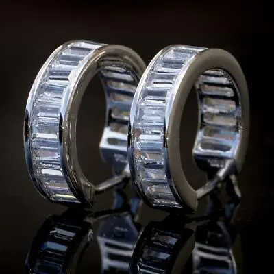 White Gold Plated Men's Iced Baguette 925 Sterling Silver Huggie Hoop Earrings • $18.99