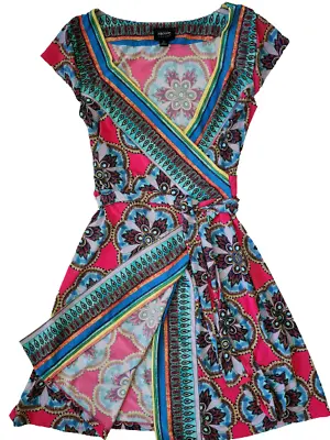 Nicole Nicole Miller Womens Wrap V-Neck Dress Sz S Multicolor Jersey Cap Sleeve • $20