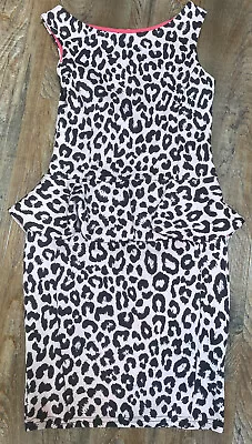 Jane Norman Pink Beige Animal Print Peplum Stretch Bodycon Dress Sz 8 VGC • £6.75