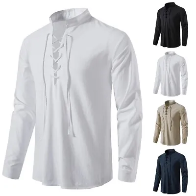 £4.73 • Buy Mens Cotton Linen Long Sleeve T-shirt Casual Loose V Neck Lace Up Tops Tunic HOT