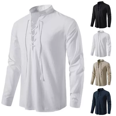 Men's Steampunk Vintage Gothic Victorian Medieval Lace Up Blouse Top Shirts UK. • £15.99