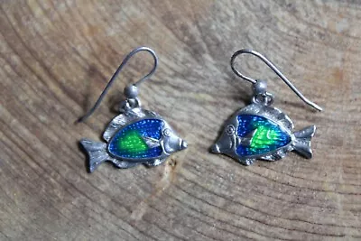 Kabana~Sterling Silver & Blue & Green Enamel FISH Dangle Earrings • $74.99