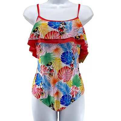 Minnie Mouse Disney UPF50 Bathing Suit Large Red Blue Green Palms One Piece New • $32