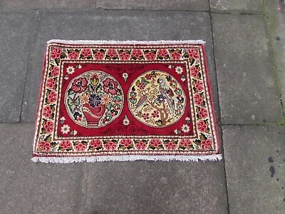 Vintage Hand Made Traditional Rug Oriental Wool Red Small Pictorial Rug 53x80cm • £85