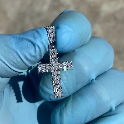 Real 925 Sterling Silver Cross Flooded Out CZ Baguette Iced Hip Hop Pendant • $24.95