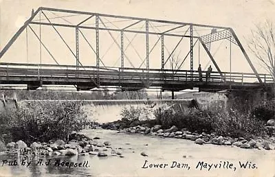 Mayville Wisconsin~Lower Dam~Men On Top Bridge~1908 B&W Postcard • $5.50