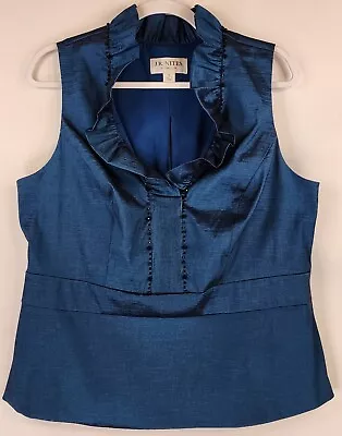 J R Nites Shirt Womens 16 Blue Beaded Ruffled V Neck Lined Sleeveless Blouse • $31.99